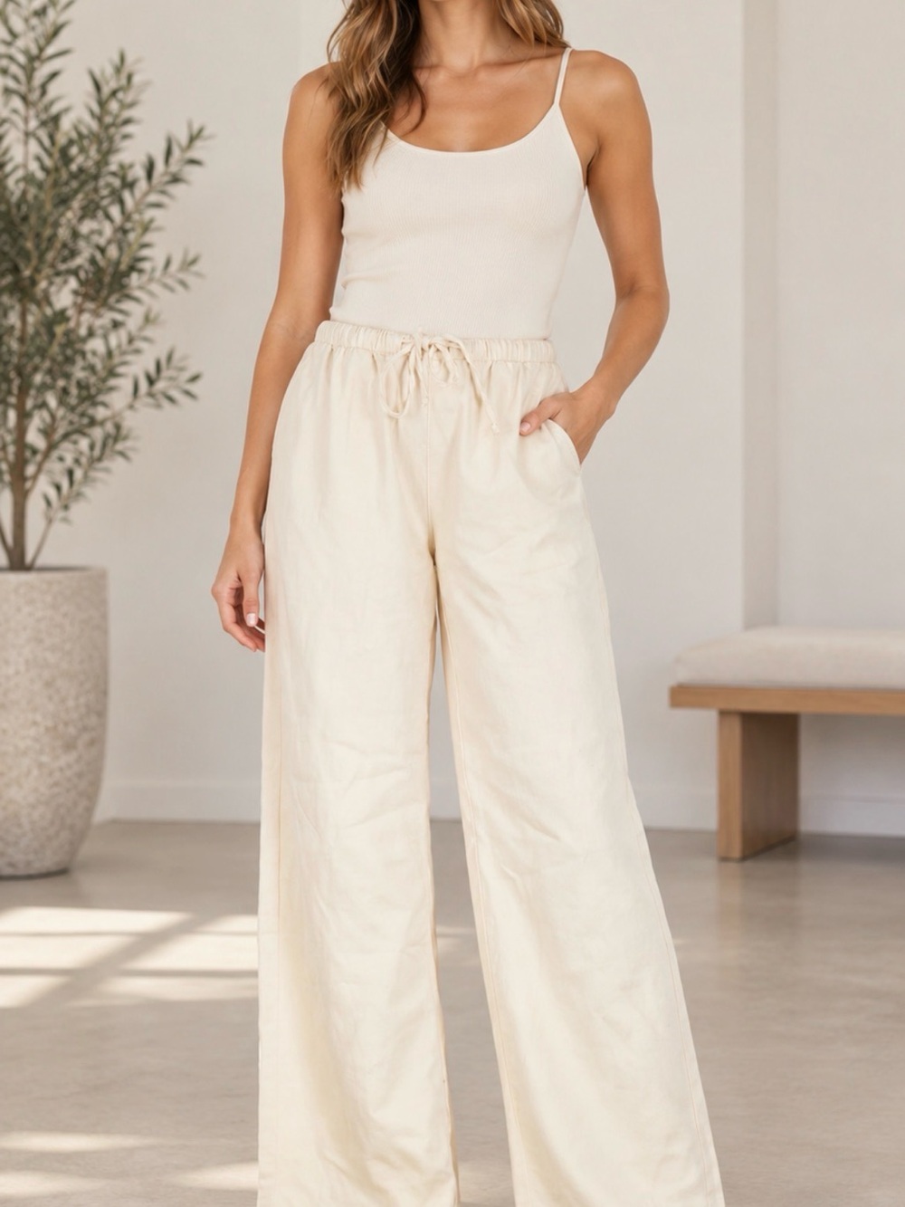 NWT Vanilla Star Cream Wide-Leg Drawstring Pants Sz M